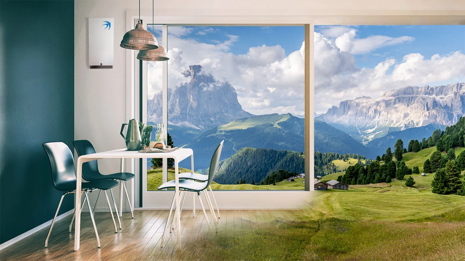 Frisk luft som i naturen – freeAir holder CO₂-niveauet lavt automatisk, her diskret monteret i spisestue