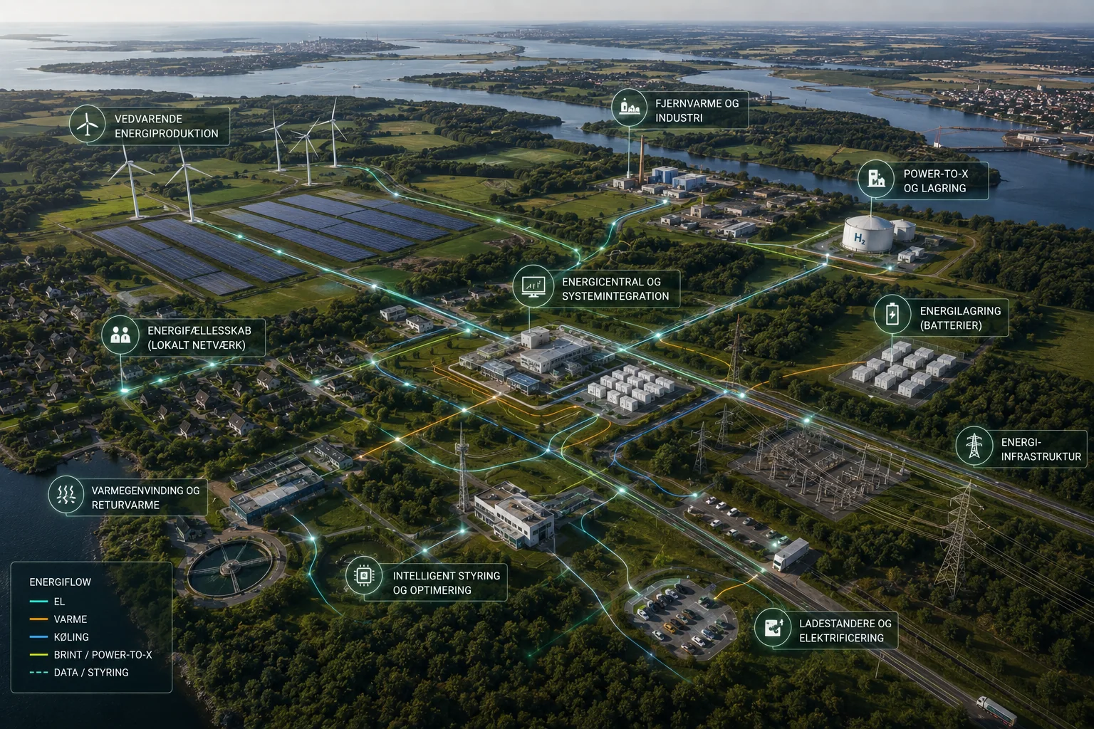 Energisystem på byniveau: vedvarende produktion, fjernvarme, returvarme, energilagring, intelligent styring og elektrificering forbundet i ét flow